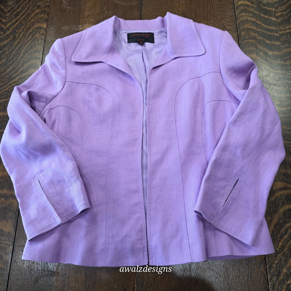 Anne‎ Klein Lavender Open Front Linen Dress Blazer Petite Sz 12P